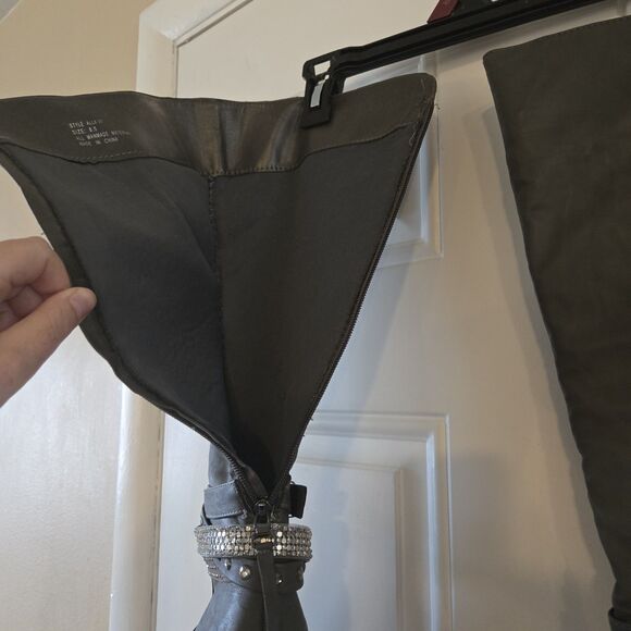 Vanity Gray Studded Rhinestone Knee High Boots Heeled Size 8.5 Alla VT - Picture 8 of 15